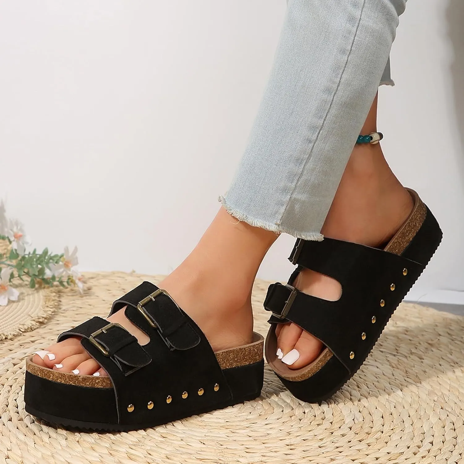 Women's Platform Slides Sandals,Comfortable Chunky Platform Slides for Women Double Buckle Adjustable Open Toe Slip On Summer Sandals