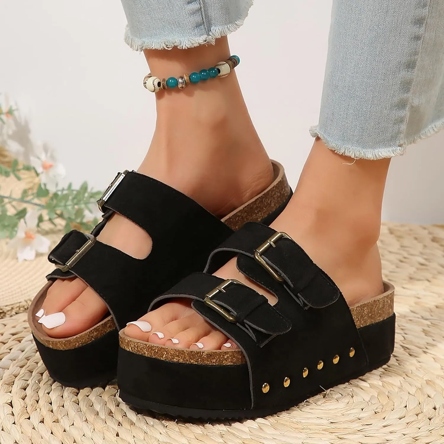 Women's Platform Slides Sandals,Comfortable Chunky Platform Slides for Women Double Buckle Adjustable Open Toe Slip On Summer Sandals