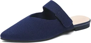 Women's Pointed Toe Flat Mules Adjustable Hook Loop Backless Slip-On Sandals Lightweight Comfort Breathable Knit Mesh Slides for Indoor & Outdoor Daily Wear