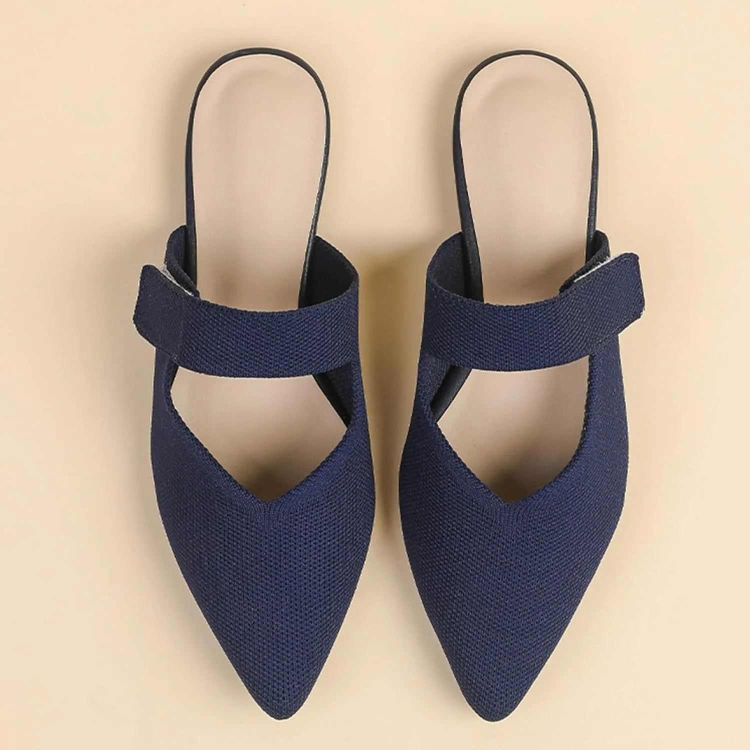 Women's Pointed Toe Flat Mules Adjustable Hook Loop Backless Slip-On Sandals Lightweight Comfort Breathable Knit Mesh Slides for Indoor & Outdoor Daily Wear