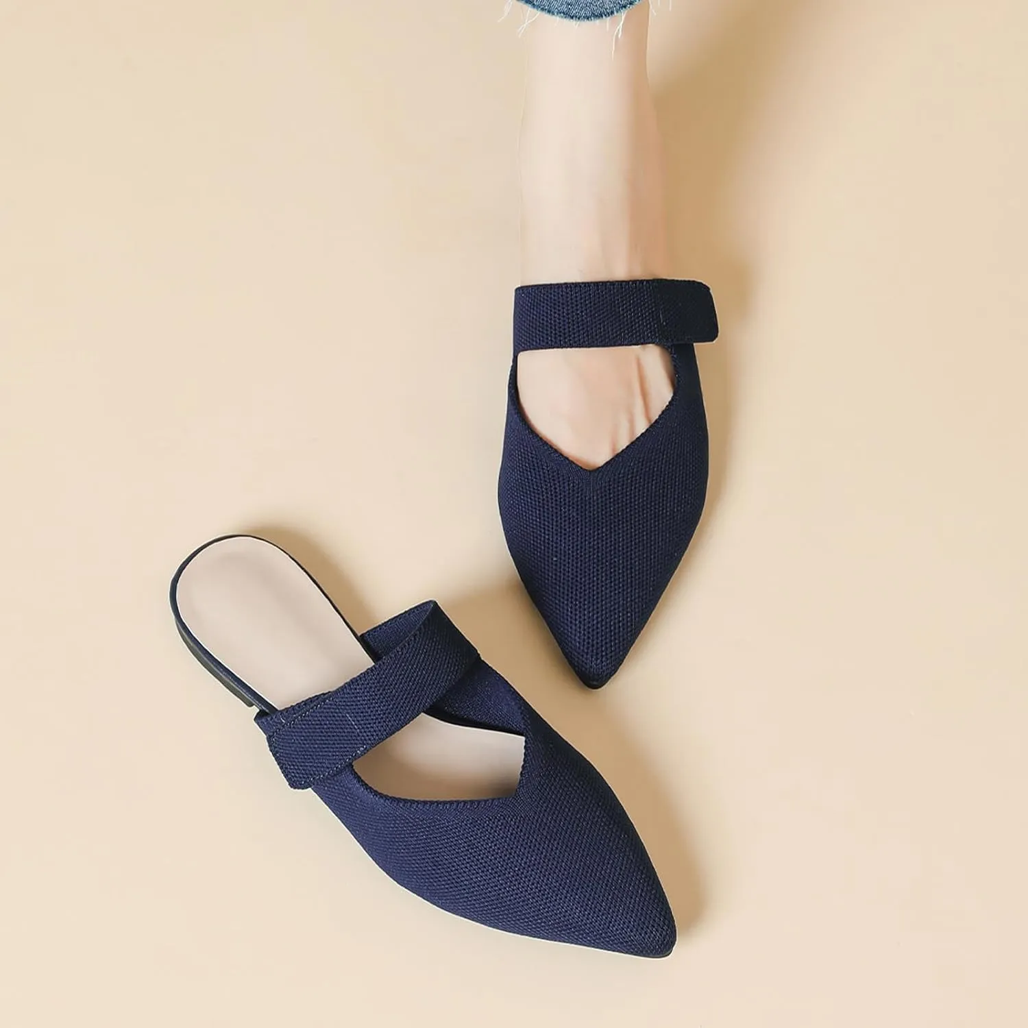 Women's Pointed Toe Flat Mules Adjustable Hook Loop Backless Slip-On Sandals Lightweight Comfort Breathable Knit Mesh Slides for Indoor & Outdoor Daily Wear