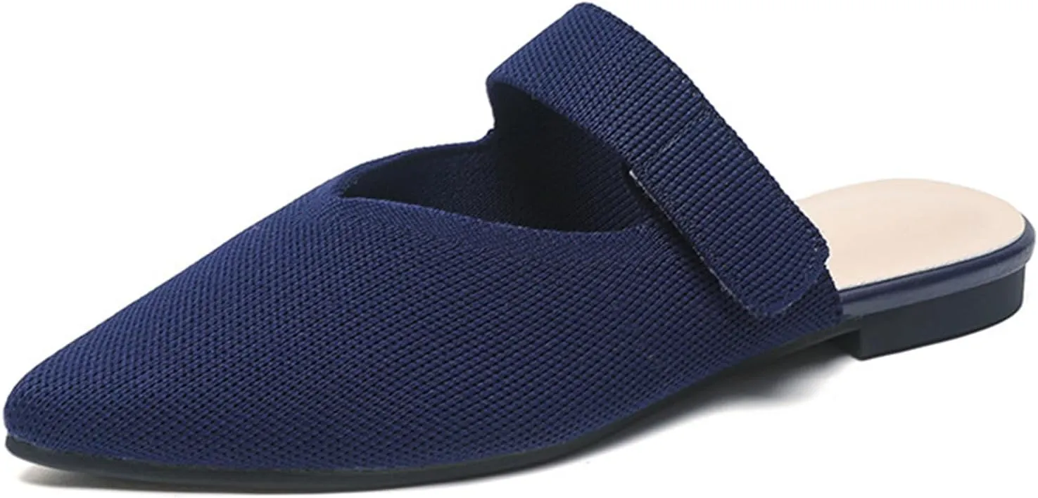 Women's Pointed Toe Flat Mules Adjustable Hook Loop Backless Slip-On Sandals Lightweight Comfort Breathable Knit Mesh Slides for Indoor & Outdoor Daily Wear