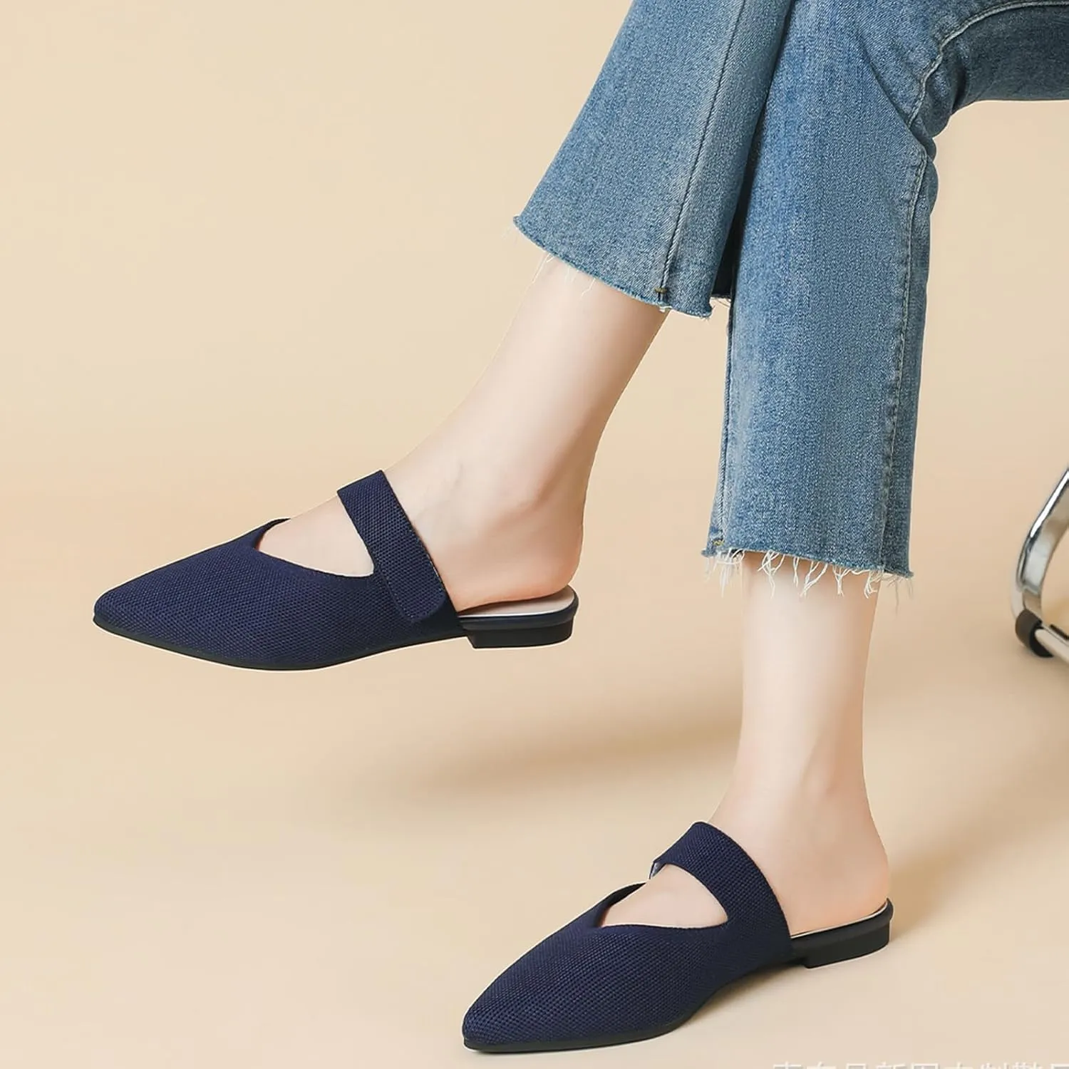 Women's Pointed Toe Flat Mules Adjustable Hook Loop Backless Slip-On Sandals Lightweight Comfort Breathable Knit Mesh Slides for Indoor & Outdoor Daily Wear