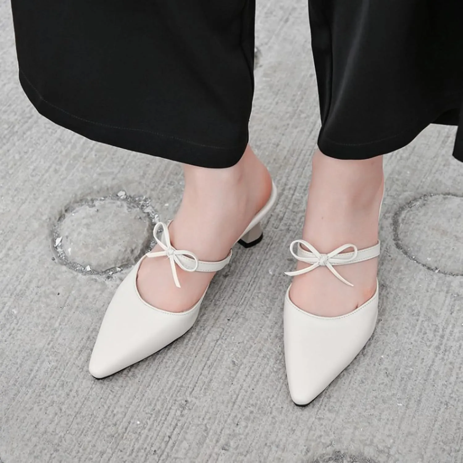 Women's Pointed Toe Kitten Heel Mules Slip on Bow Ankle Strap Slingback Dress Shoes Fashion Closed Toe Prom Party Dance Wedding Shoes