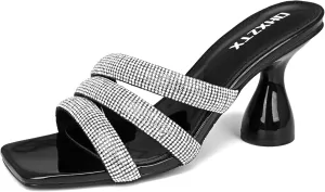 Women's Rhinestone Square Heeled Sandals Slip On Peep Toe Chunky Block Kitten High Heels Mules Slippers Slides Fashion Wedding Dress Backless Pump Shoes