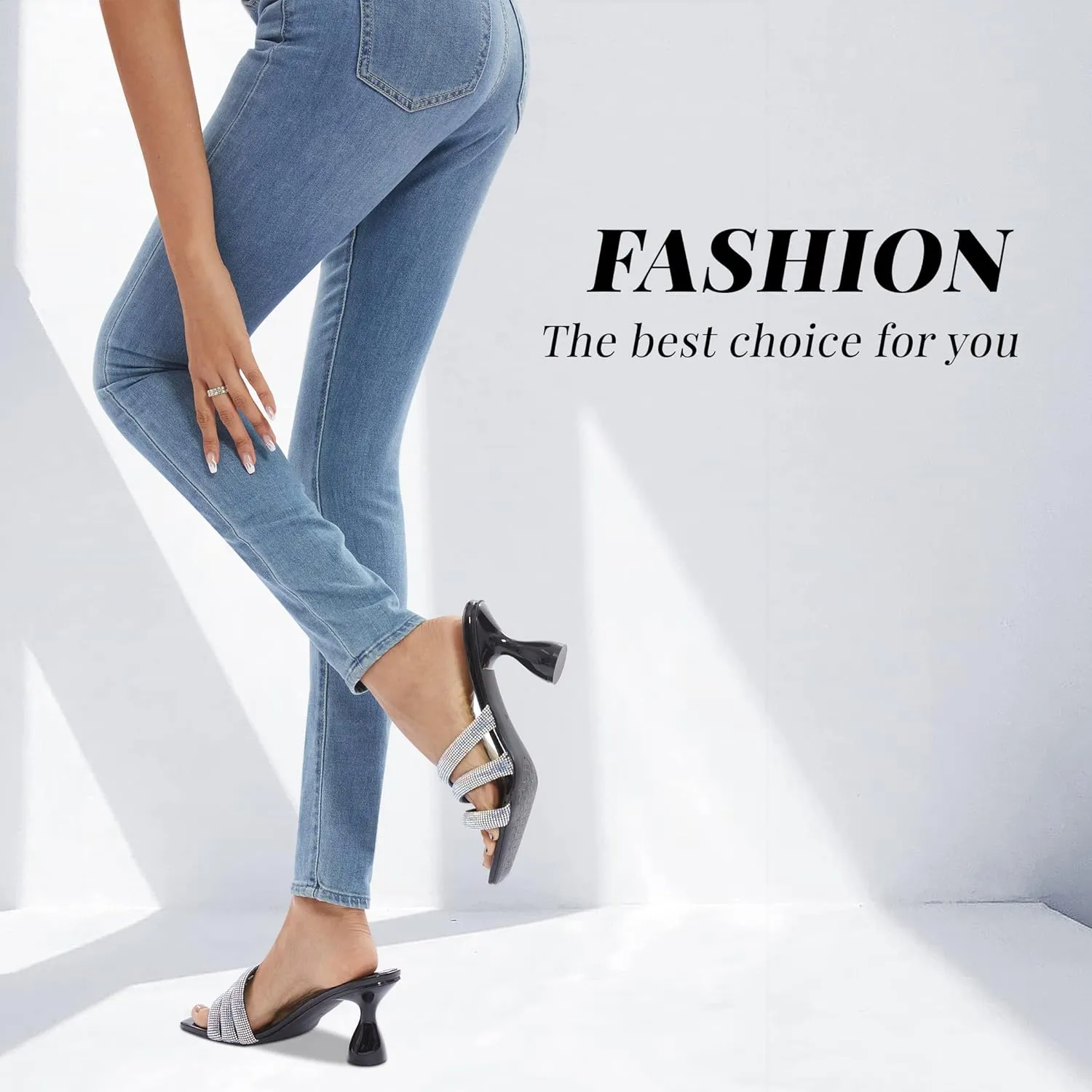 Women's Rhinestone Square Heeled Sandals Slip On Peep Toe Chunky Block Kitten High Heels Mules Slippers Slides Fashion Wedding Dress Backless Pump Shoes