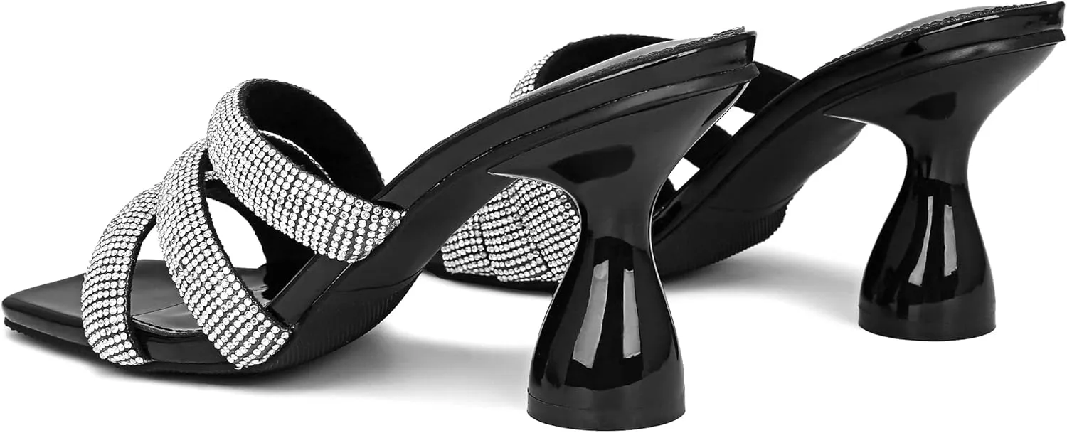 Women's Rhinestone Square Heeled Sandals Slip On Peep Toe Chunky Block Kitten High Heels Mules Slippers Slides Fashion Wedding Dress Backless Pump Shoes
