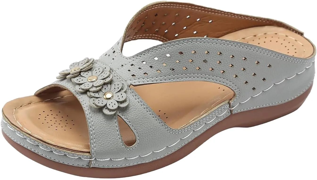Womens Sandals Dressy Summer Comfortable Slides with Flowers Casual Non Slip Platform Lightweight Wedge Shoes