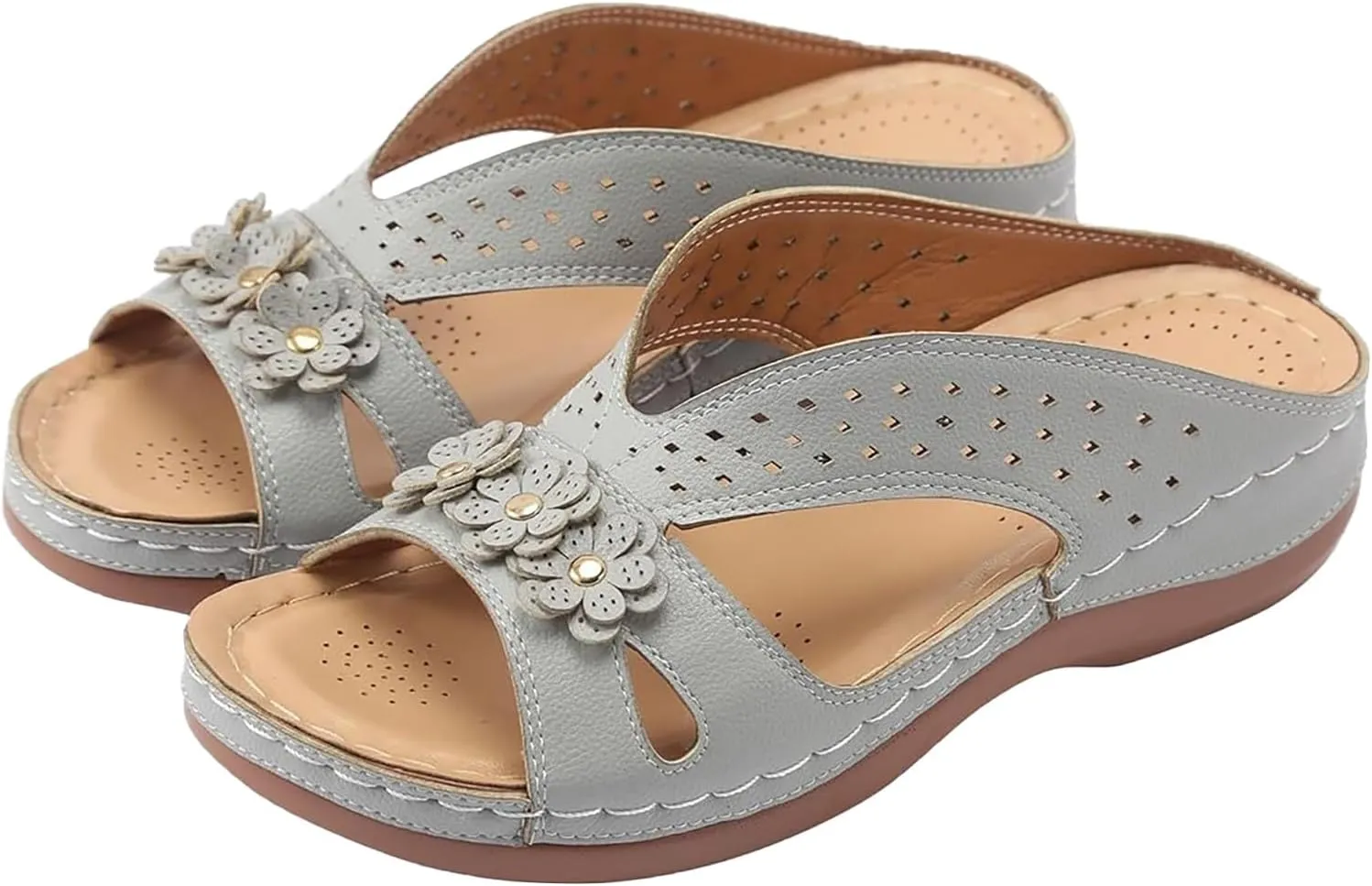 Womens Sandals Dressy Summer Comfortable Slides with Flowers Casual Non Slip Platform Lightweight Wedge Shoes