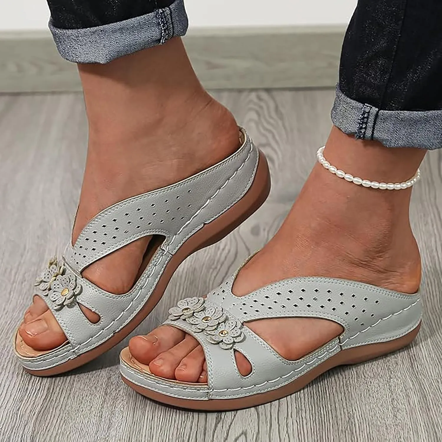 Womens Sandals Dressy Summer Comfortable Slides with Flowers Casual Non Slip Platform Lightweight Wedge Shoes
