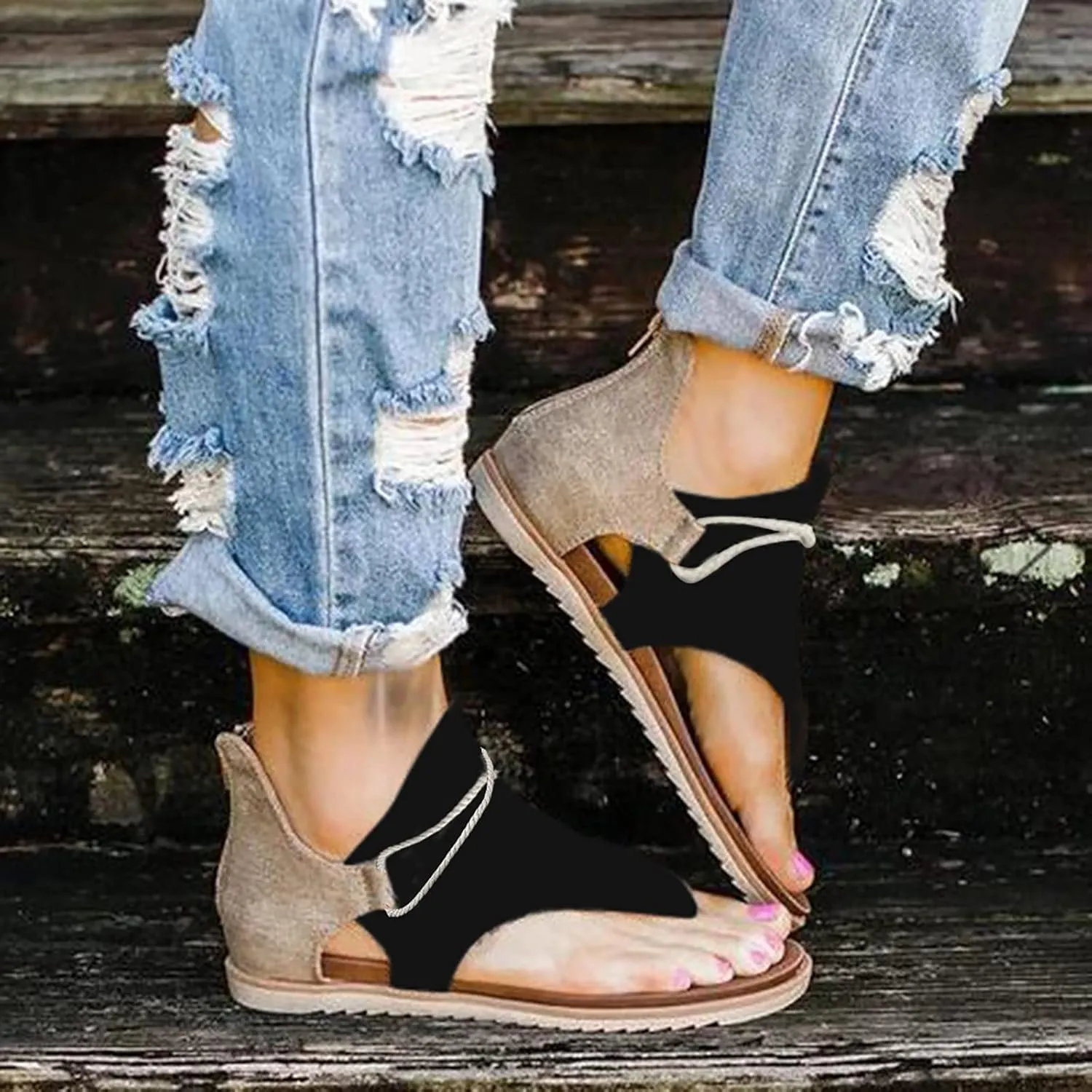 Women'S Sandals Tassel Ankle Boots, Retro Bohemian Sandals Beach Travel Shoes Clip Toe Flip Flops High Top Flat Casual Dressy Sandals