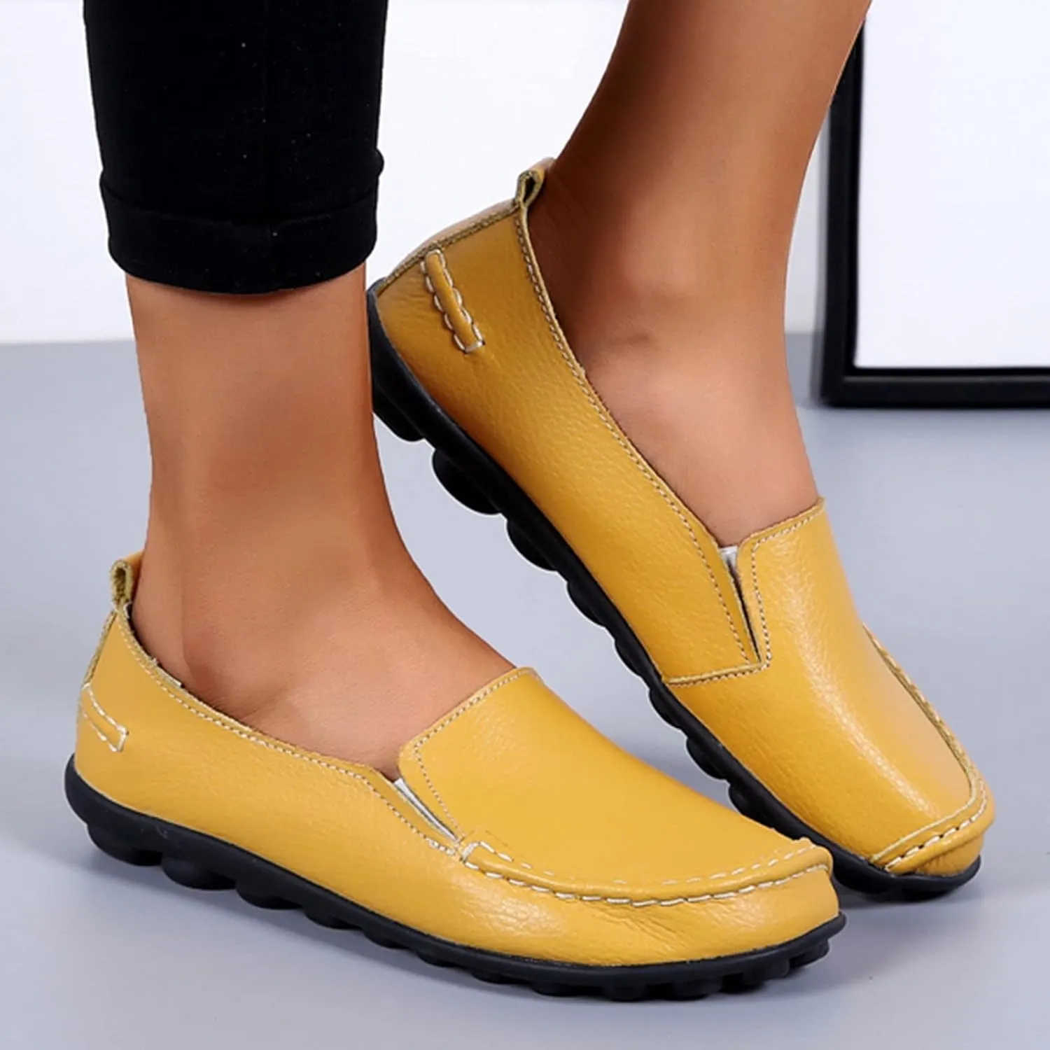 Women's Slip On Leather Shoes Soft Flat Soled Non Slip Elderly Loafers Orthopedic Slip-On Loafers Work Shoes