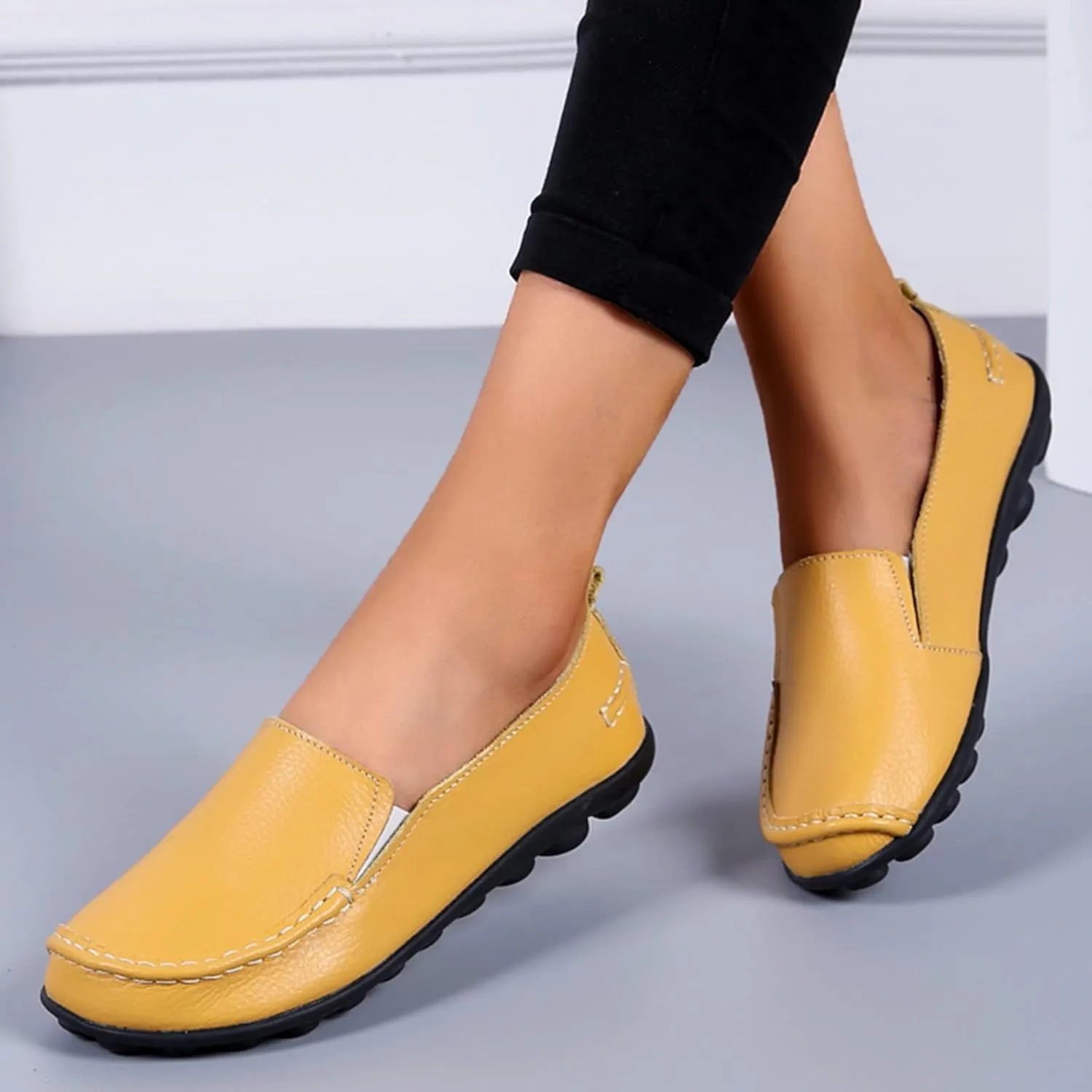 Women's Slip On Leather Shoes Soft Flat Soled Non Slip Elderly Loafers Orthopedic Slip-On Loafers Work Shoes
