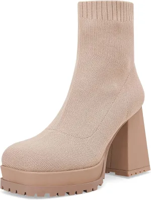 Womens Sock Boots Platform Chunky Heel Booties Dress Ankle Boots Square Toe Slip On Comfortable Winter Booties