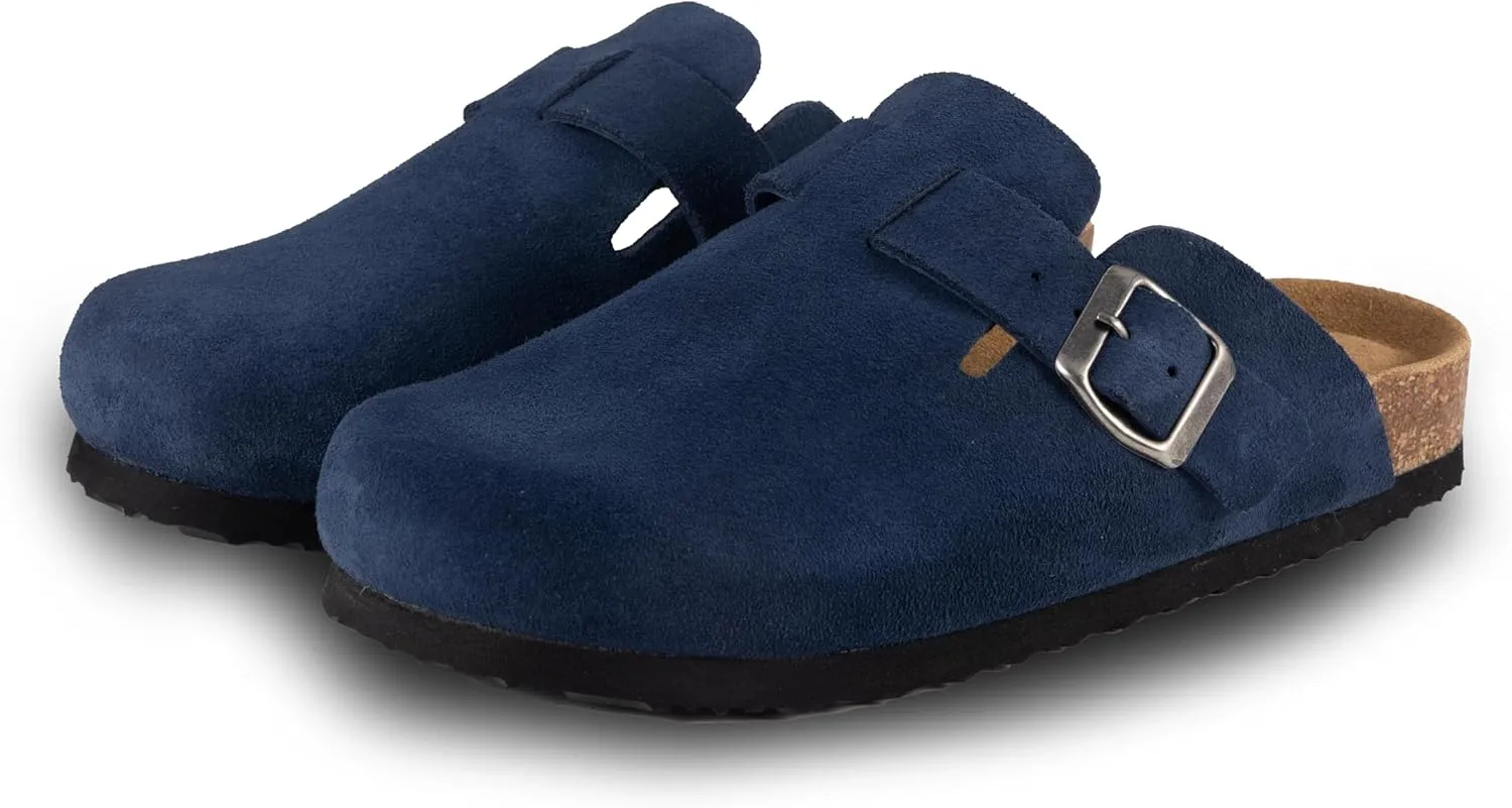 Women's Suede Clogs Slip-On Buckle Slides Leather Mules Cork Footbed Sandals Potato Shoes with Arch Support