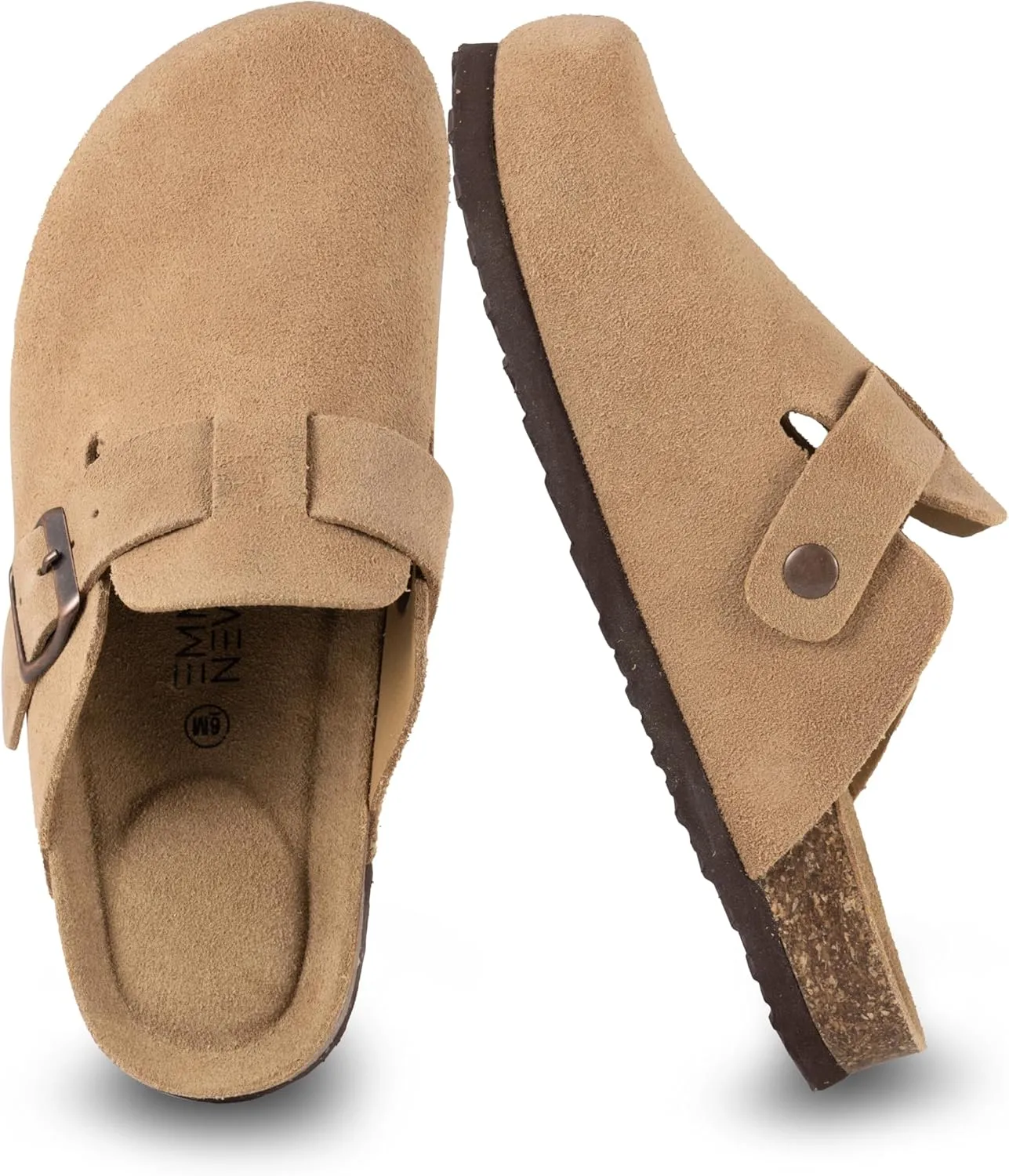 Women's Suede Clogs Slip-On Buckle Slides Leather Mules Cork Footbed Sandals Potato Shoes with Arch Support