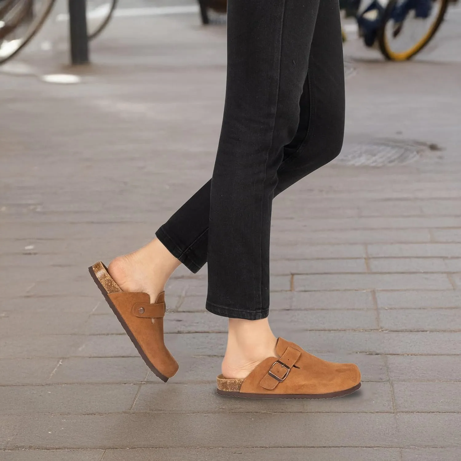 Women's Suede Clogs Slip-On Buckle Slides Leather Mules Cork Footbed Sandals Potato Shoes with Arch Support