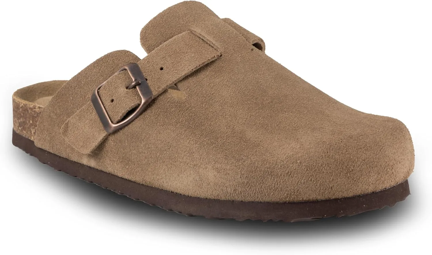 Women's Suede Clogs Slip-On Buckle Slides Leather Mules Cork Footbed Sandals Potato Shoes with Arch Support