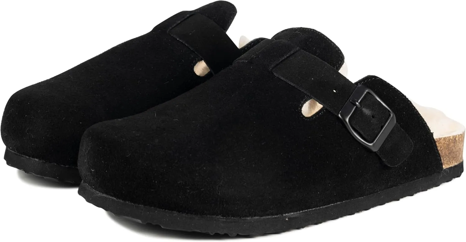 Women's Suede Clogs Slip-On Buckle Slides Leather Mules Cork Footbed Sandals Potato Shoes with Arch Support