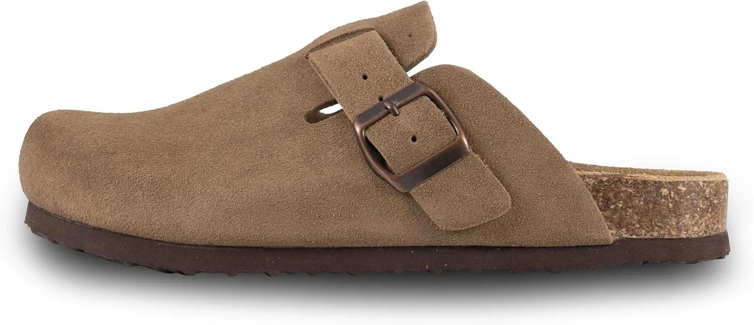 Women's Suede Clogs Slip-On Buckle Slides Leather Mules Cork Footbed Sandals Potato Shoes with Arch Support