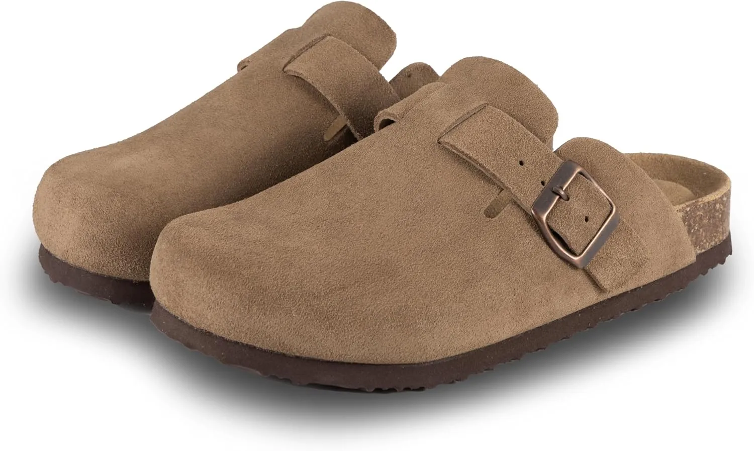 Women's Suede Clogs Slip-On Buckle Slides Leather Mules Cork Footbed Sandals Potato Shoes with Arch Support