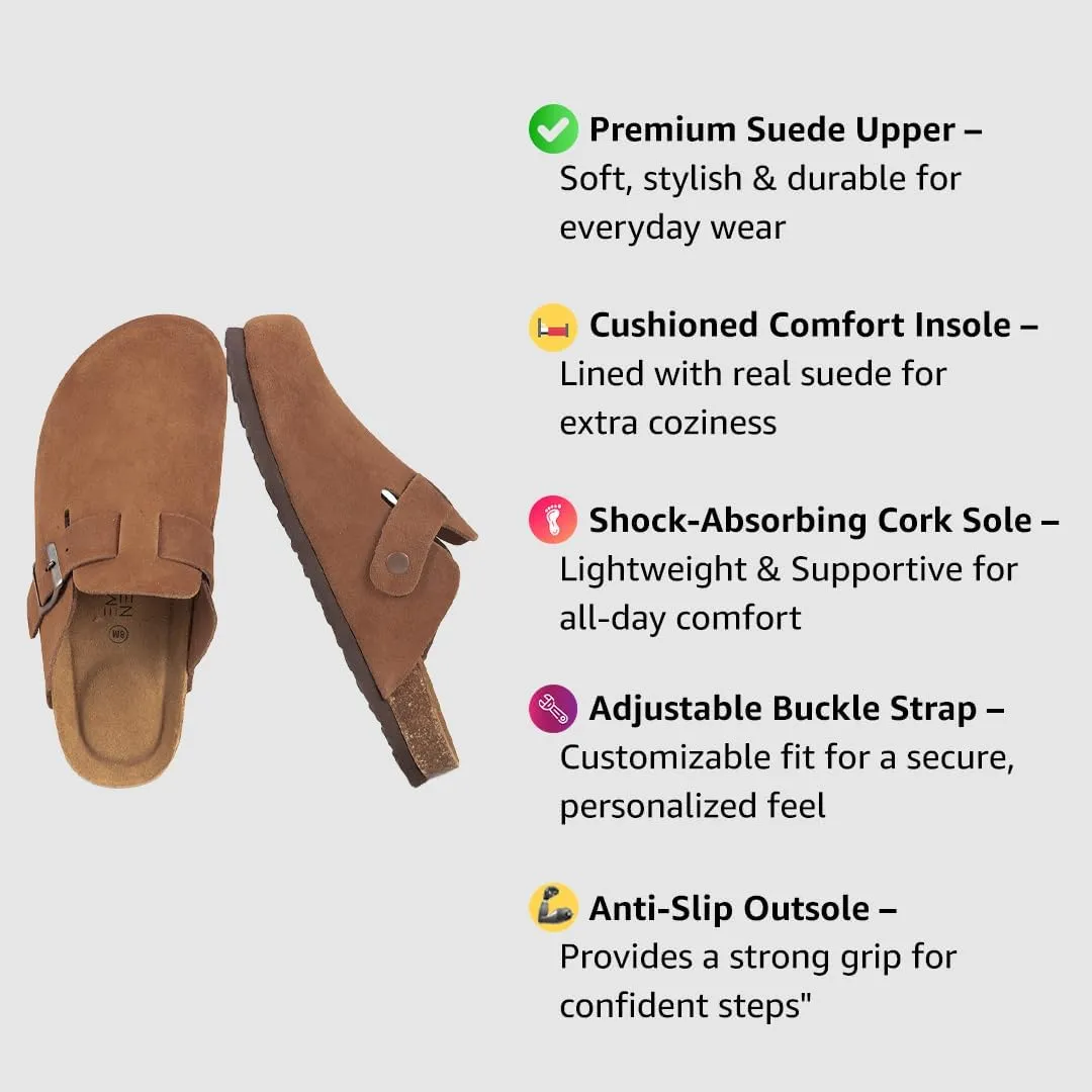Women's Suede Clogs Slip-On Buckle Slides Leather Mules Cork Footbed Sandals Potato Shoes with Arch Support