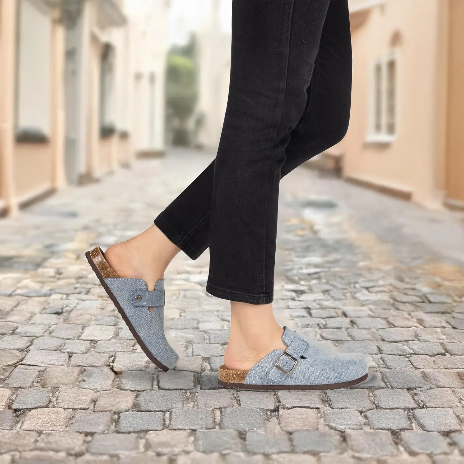 Women's Suede Clogs Slip-On Buckle Slides Leather Mules Cork Footbed Sandals Potato Shoes with Arch Support