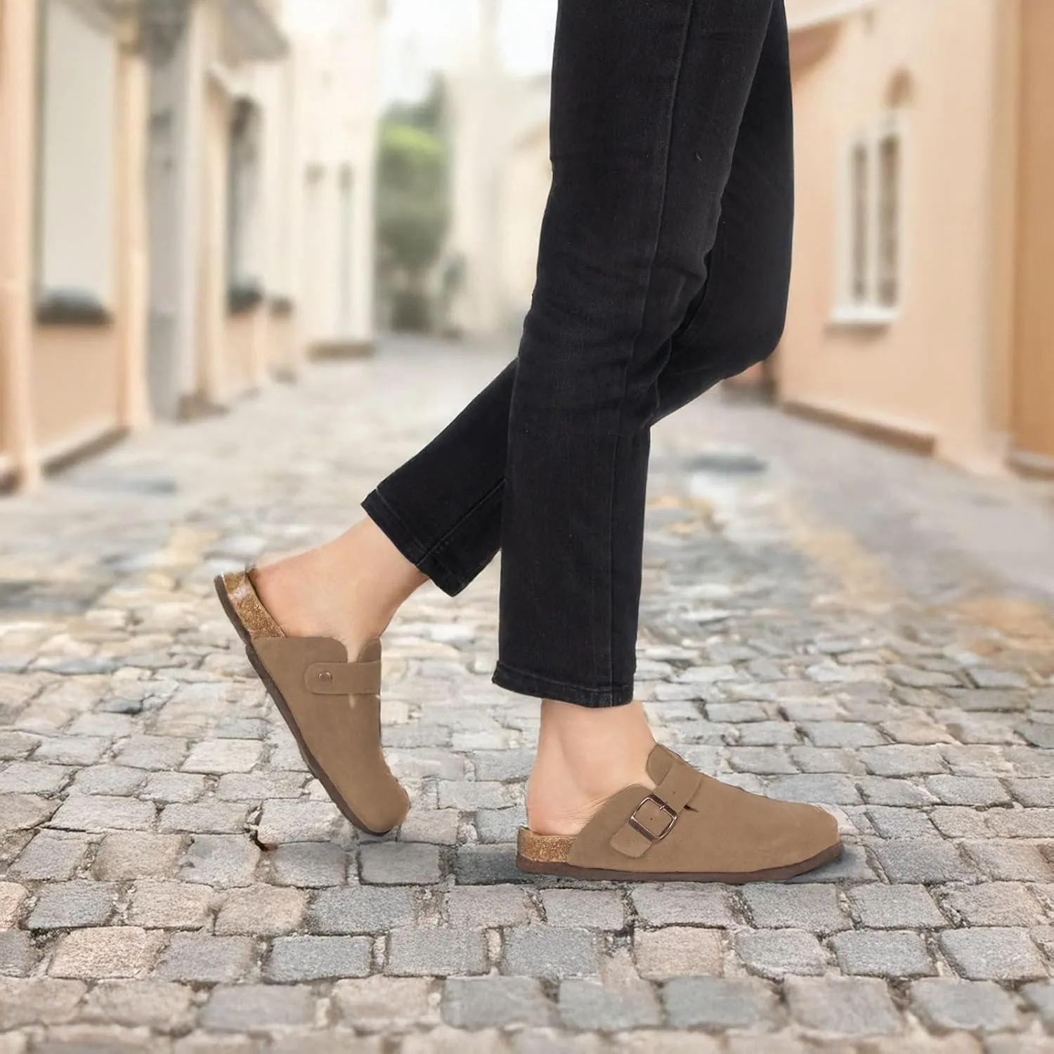 Women's Suede Clogs Slip-On Buckle Slides Leather Mules Cork Footbed Sandals Potato Shoes with Arch Support