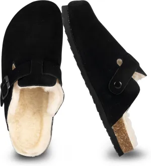 Women's Suede Clogs Slip-On Buckle Slides Leather Mules Cork Footbed Sandals Potato Shoes with Arch Support