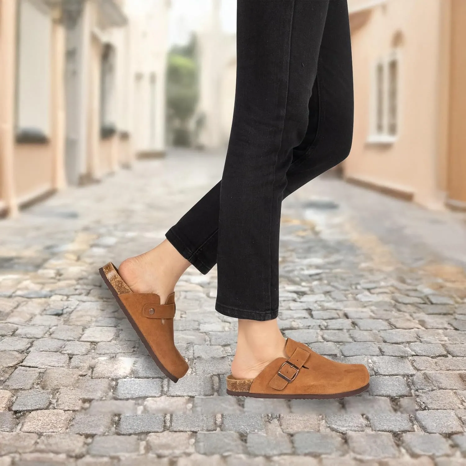 Women's Suede Clogs Slip-On Buckle Slides Leather Mules Cork Footbed Sandals Potato Shoes with Arch Support
