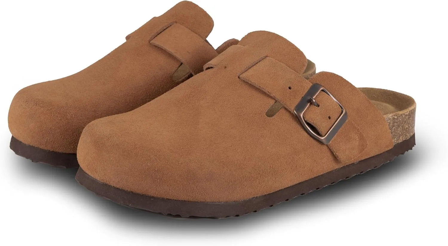 Women's Suede Clogs Slip-On Buckle Slides Leather Mules Cork Footbed Sandals Potato Shoes with Arch Support