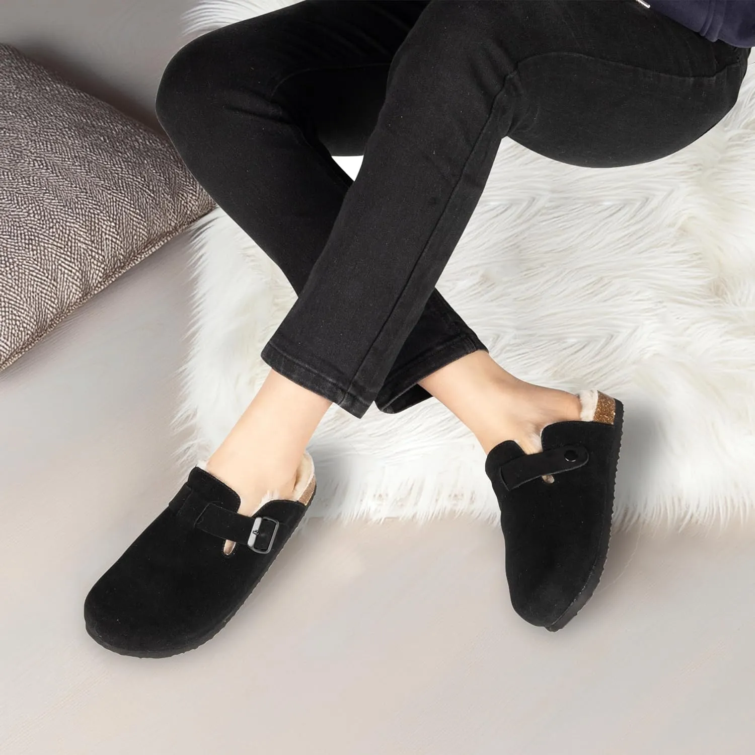 Women's Suede Clogs Slip-On Buckle Slides Leather Mules Cork Footbed Sandals Potato Shoes with Arch Support