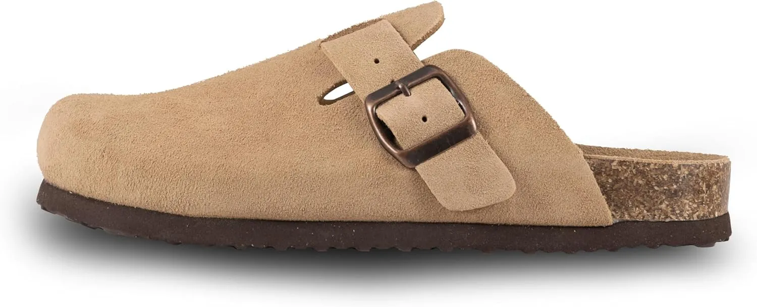 Women's Suede Clogs Slip-On Buckle Slides Leather Mules Cork Footbed Sandals Potato Shoes with Arch Support