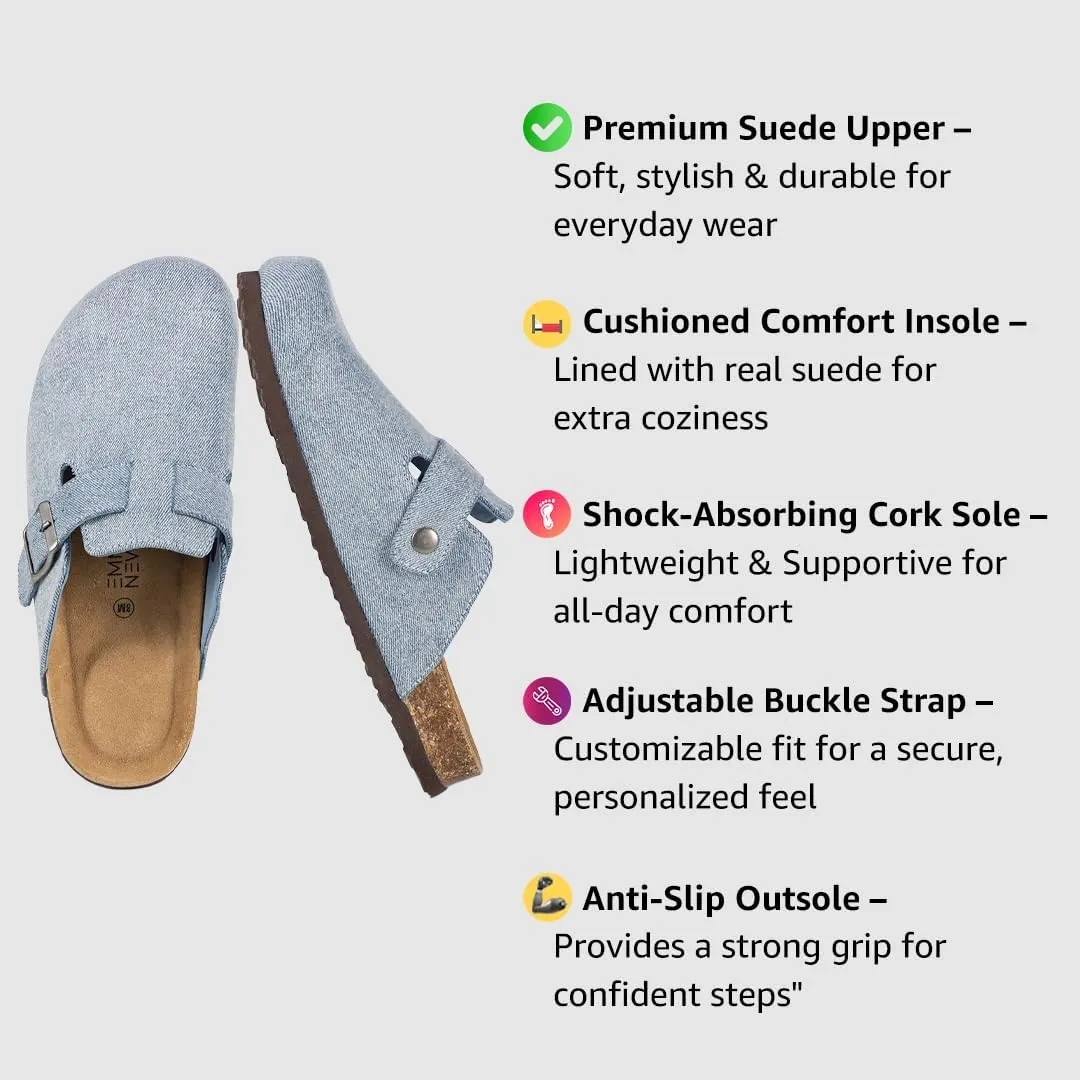 Women's Suede Clogs Slip-On Buckle Slides Leather Mules Cork Footbed Sandals Potato Shoes with Arch Support
