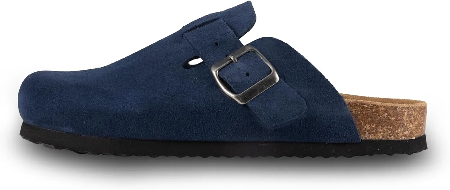 Women's Suede Clogs Slip-On Buckle Slides Leather Mules Cork Footbed Sandals Potato Shoes with Arch Support