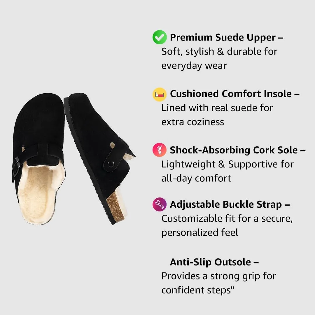 Women's Suede Clogs Slip-On Buckle Slides Leather Mules Cork Footbed Sandals Potato Shoes with Arch Support