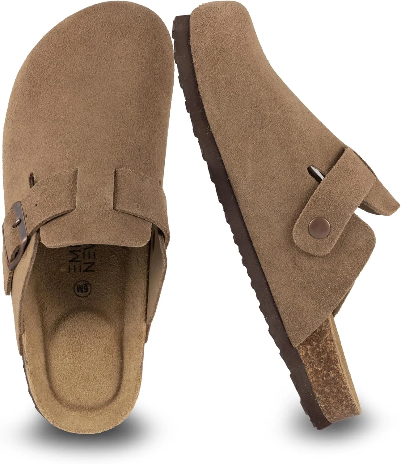 Women's Suede Clogs Slip-On Buckle Slides Leather Mules Cork Footbed Sandals Potato Shoes with Arch Support