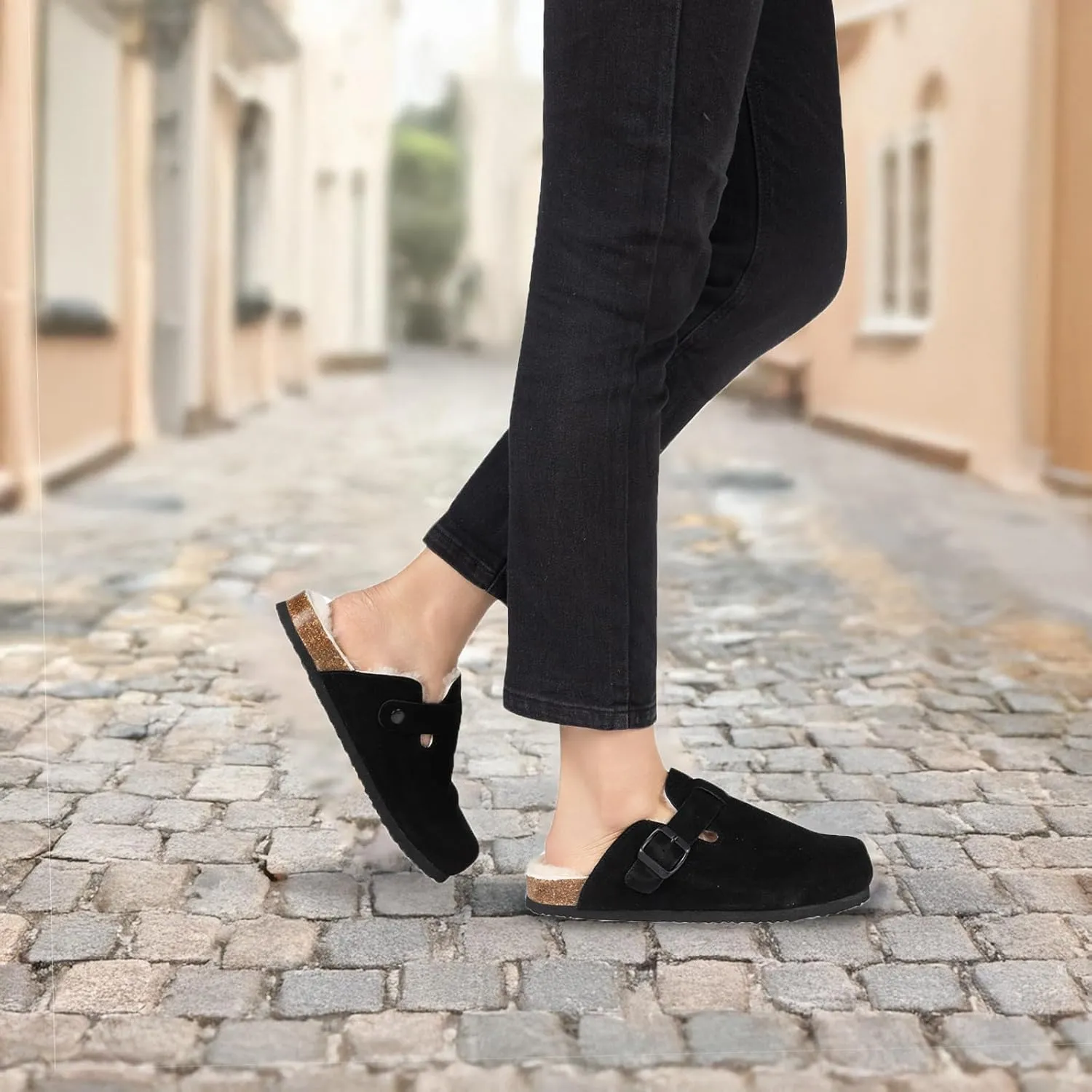 Women's Suede Clogs Slip-On Buckle Slides Leather Mules Cork Footbed Sandals Potato Shoes with Arch Support