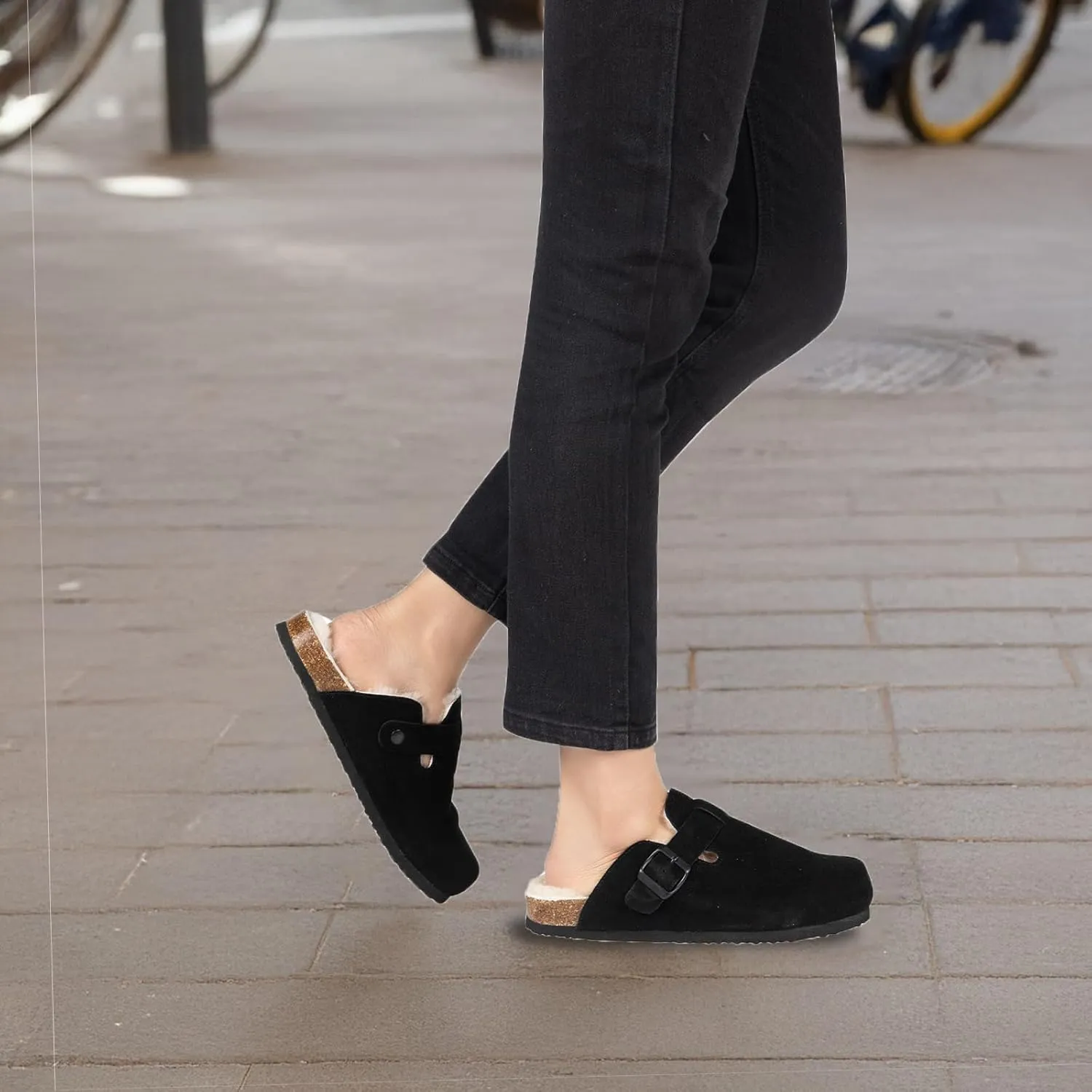 Women's Suede Clogs Slip-On Buckle Slides Leather Mules Cork Footbed Sandals Potato Shoes with Arch Support
