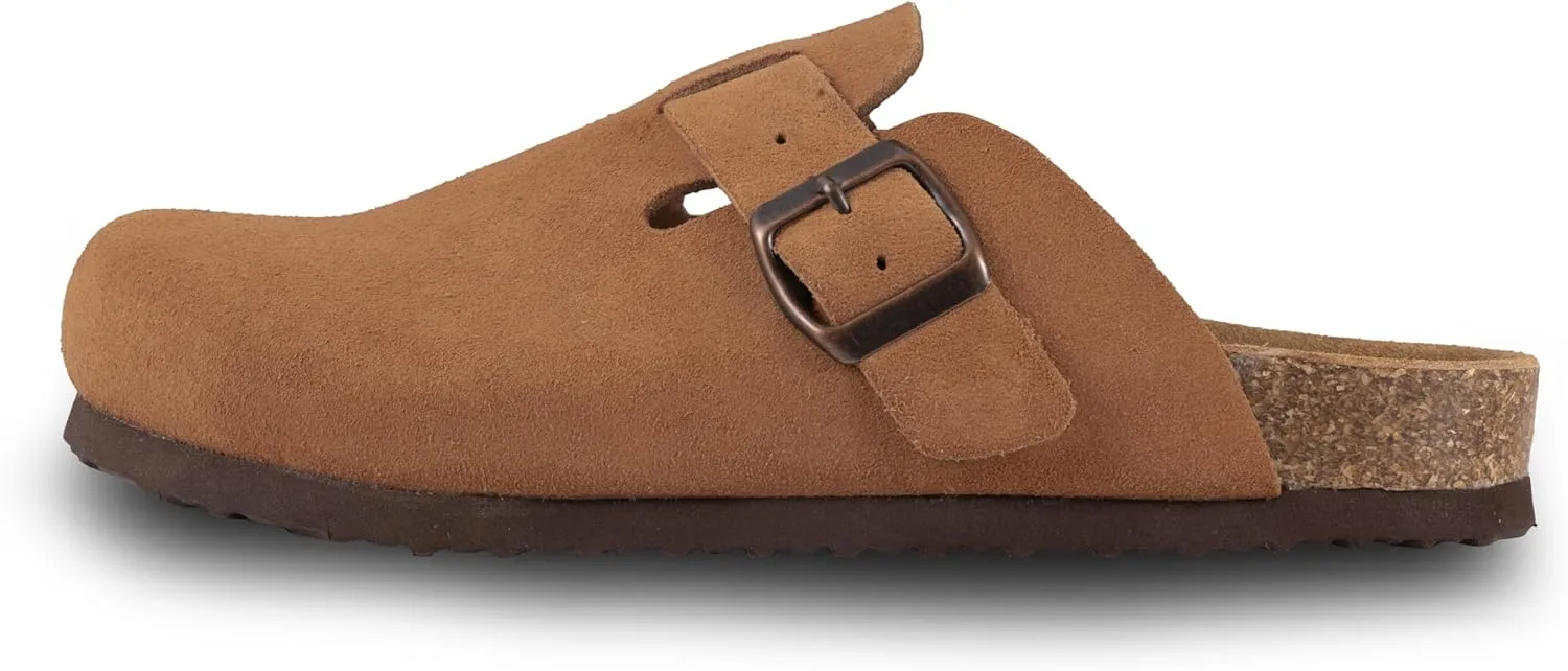 Women's Suede Clogs Slip-On Buckle Slides Leather Mules Cork Footbed Sandals Potato Shoes with Arch Support