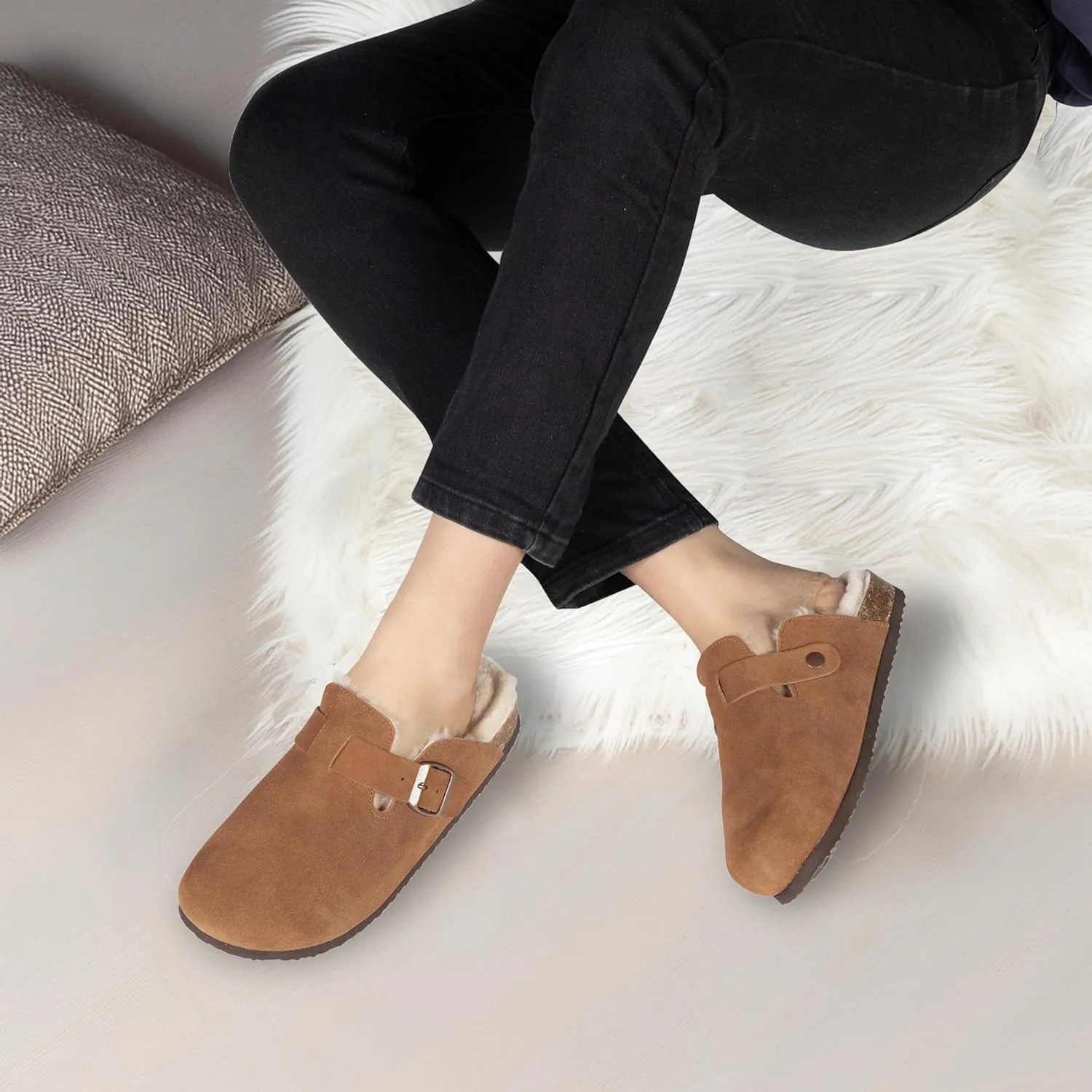 Women's Suede Clogs Slip-On Buckle Slides Leather Mules Cork Footbed Sandals Potato Shoes with Arch Support