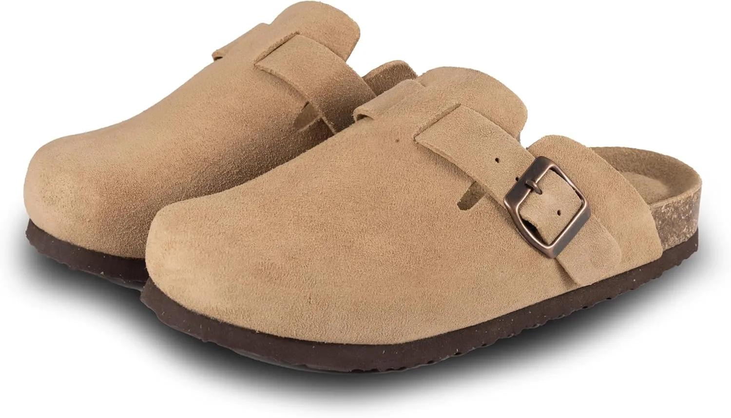 Women's Suede Clogs Slip-On Buckle Slides Leather Mules Cork Footbed Sandals Potato Shoes with Arch Support
