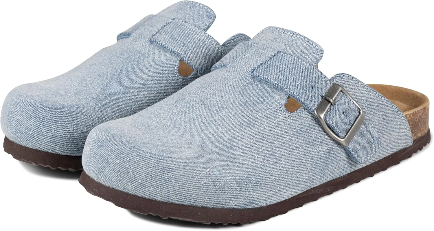Women's Suede Clogs Slip-On Buckle Slides Leather Mules Cork Footbed Sandals Potato Shoes with Arch Support