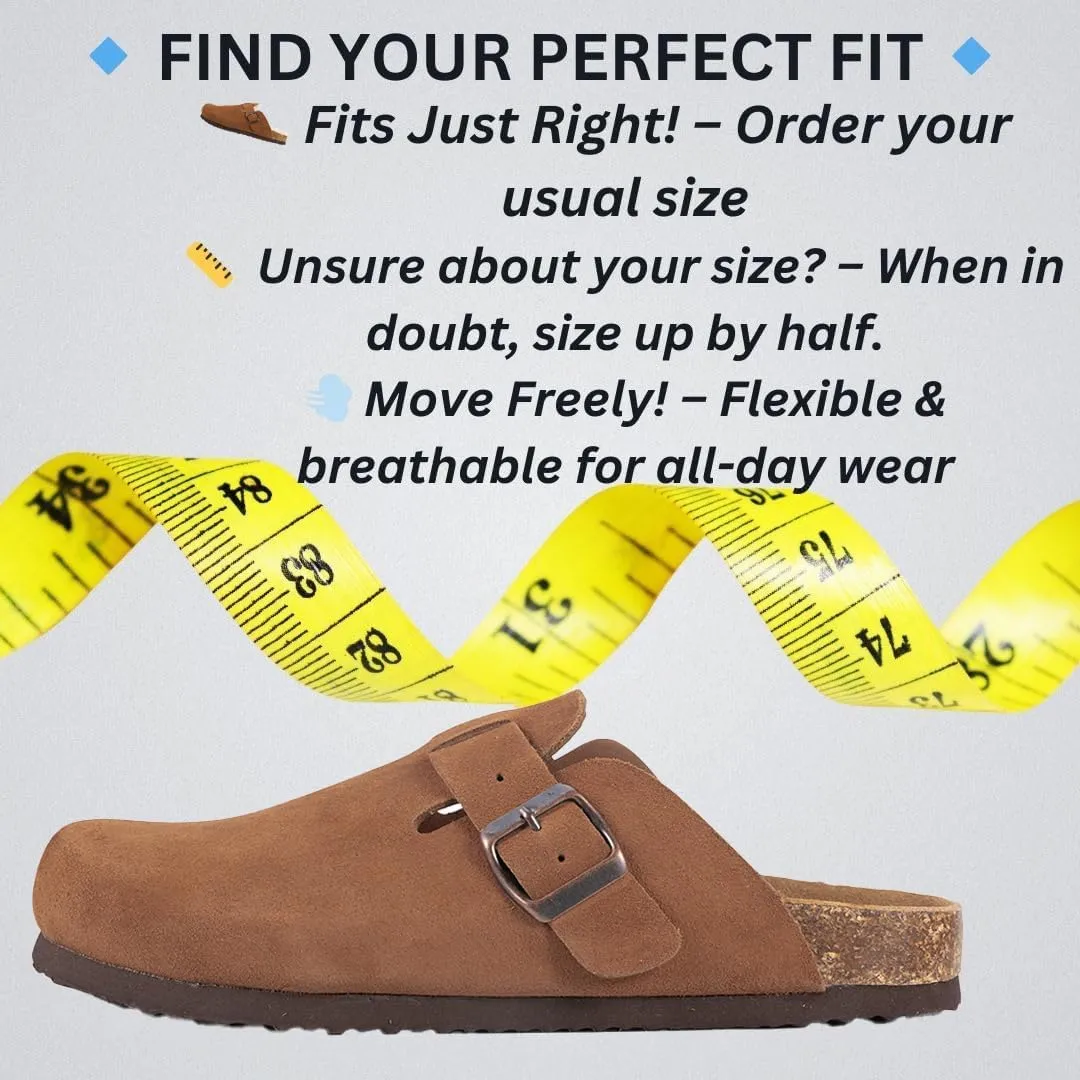 Women's Suede Clogs Slip-On Buckle Slides Leather Mules Cork Footbed Sandals Potato Shoes with Arch Support