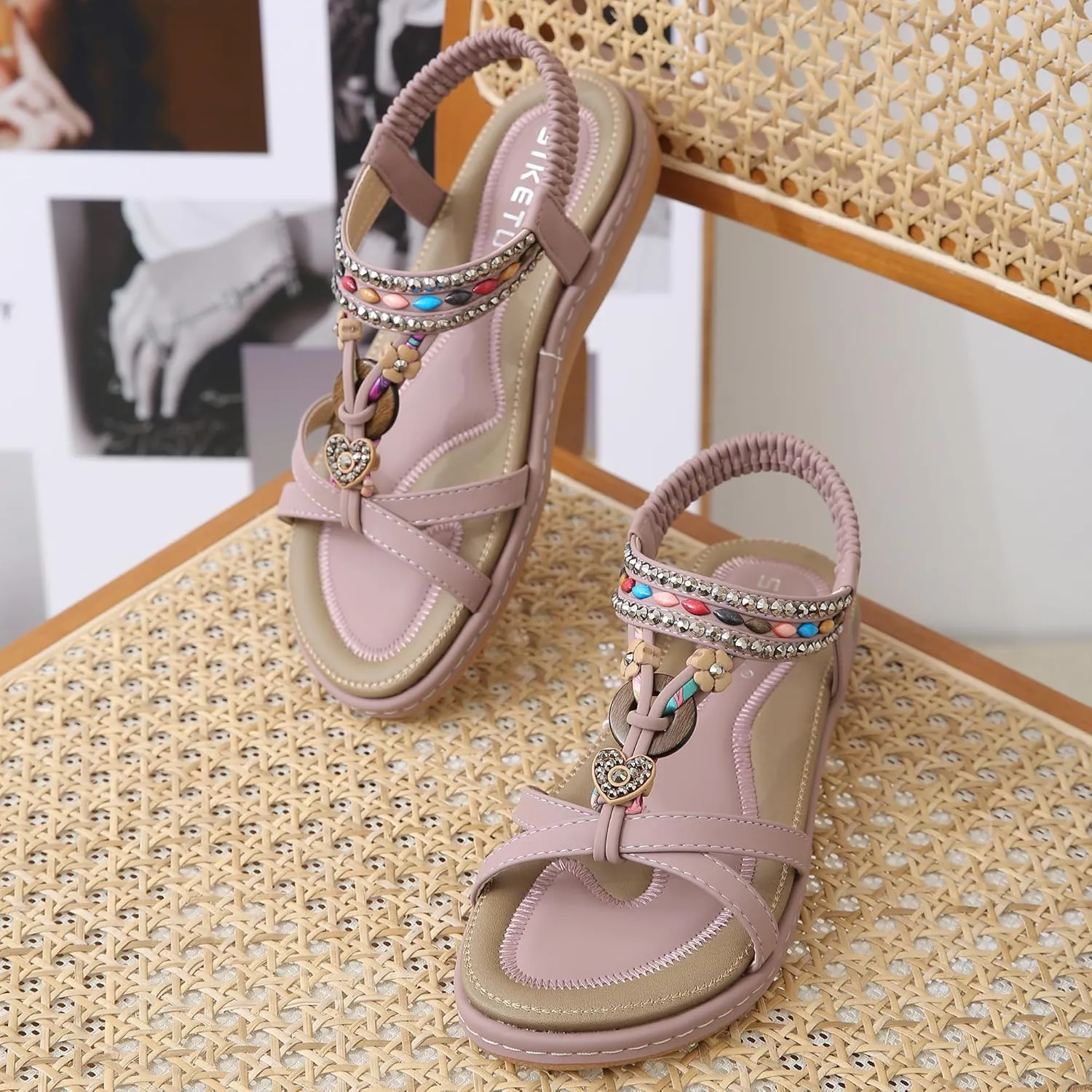 Womens T-Strap Sandals Bohemian Beaded Flat Sandals Ladies Comfortable Open Toe Elastic Ankle Strap Sandals Dress Summer Beach Shoes