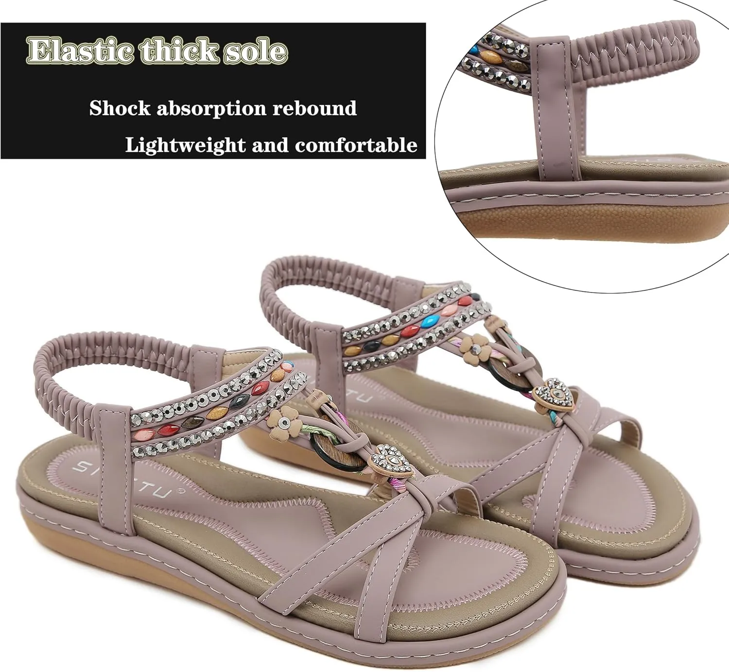 Womens T-Strap Sandals Bohemian Beaded Flat Sandals Ladies Comfortable Open Toe Elastic Ankle Strap Sandals Dress Summer Beach Shoes