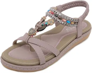 Womens T-Strap Sandals Bohemian Beaded Flat Sandals Ladies Comfortable Open Toe Elastic Ankle Strap Sandals Dress Summer Beach Shoes