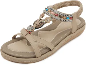 Womens T-Strap Sandals Bohemian Beaded Flat Sandals Ladies Comfortable Open Toe Elastic Ankle Strap Sandals Dress Summer Beach Shoes