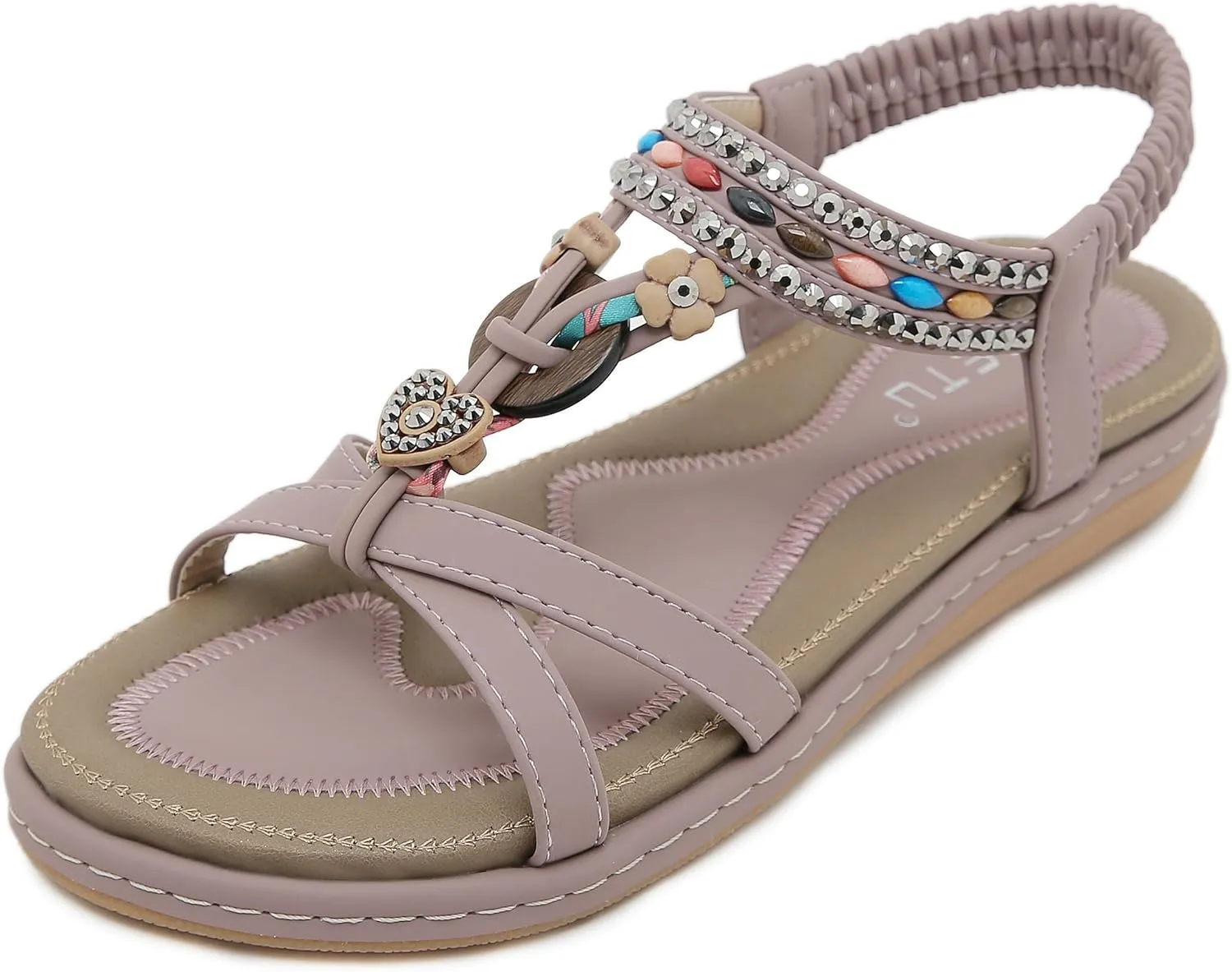 Womens T-Strap Sandals Bohemian Beaded Flat Sandals Ladies Comfortable Open Toe Elastic Ankle Strap Sandals Dress Summer Beach Shoes