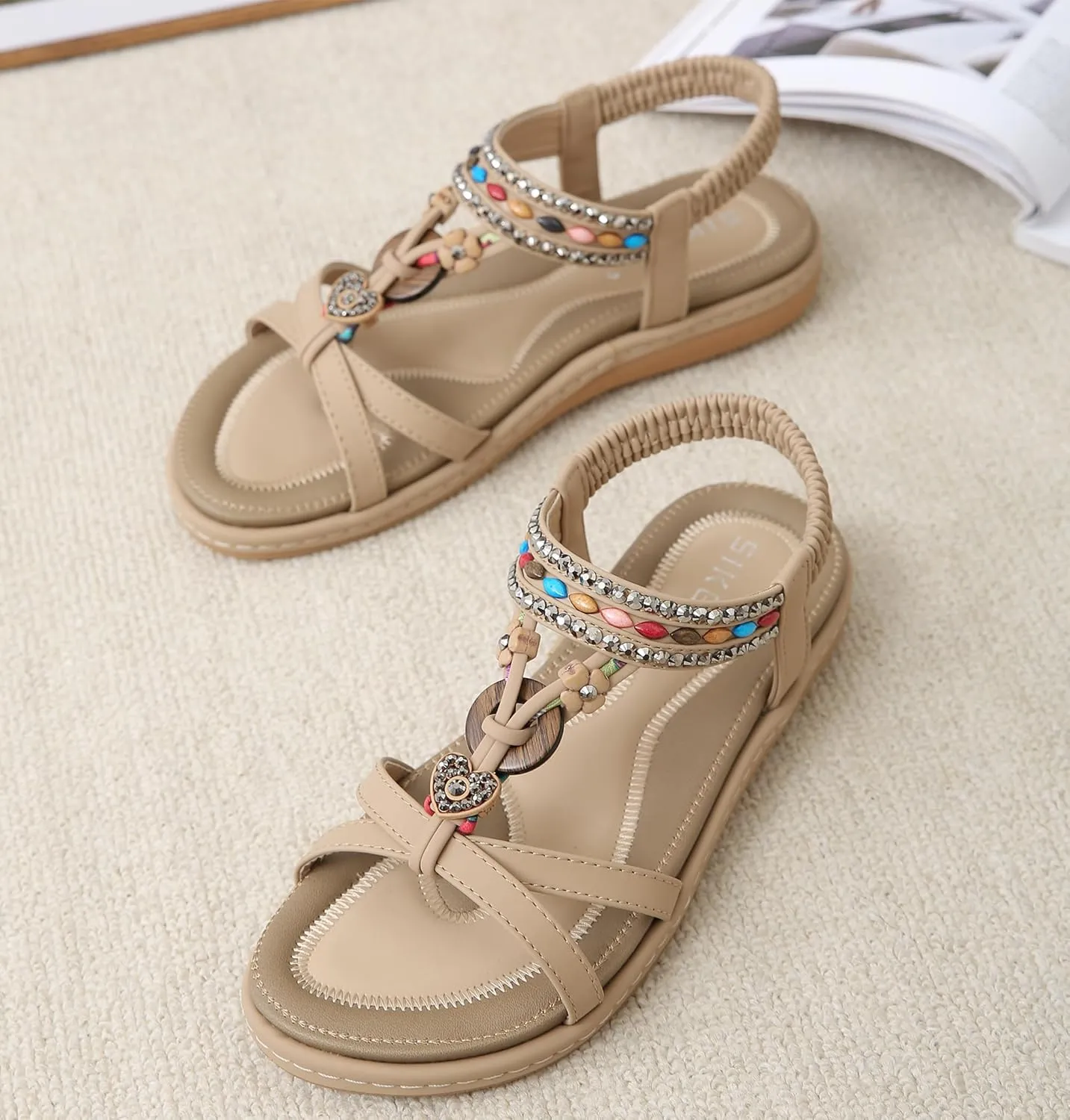 Womens T-Strap Sandals Bohemian Beaded Flat Sandals Ladies Comfortable Open Toe Elastic Ankle Strap Sandals Dress Summer Beach Shoes